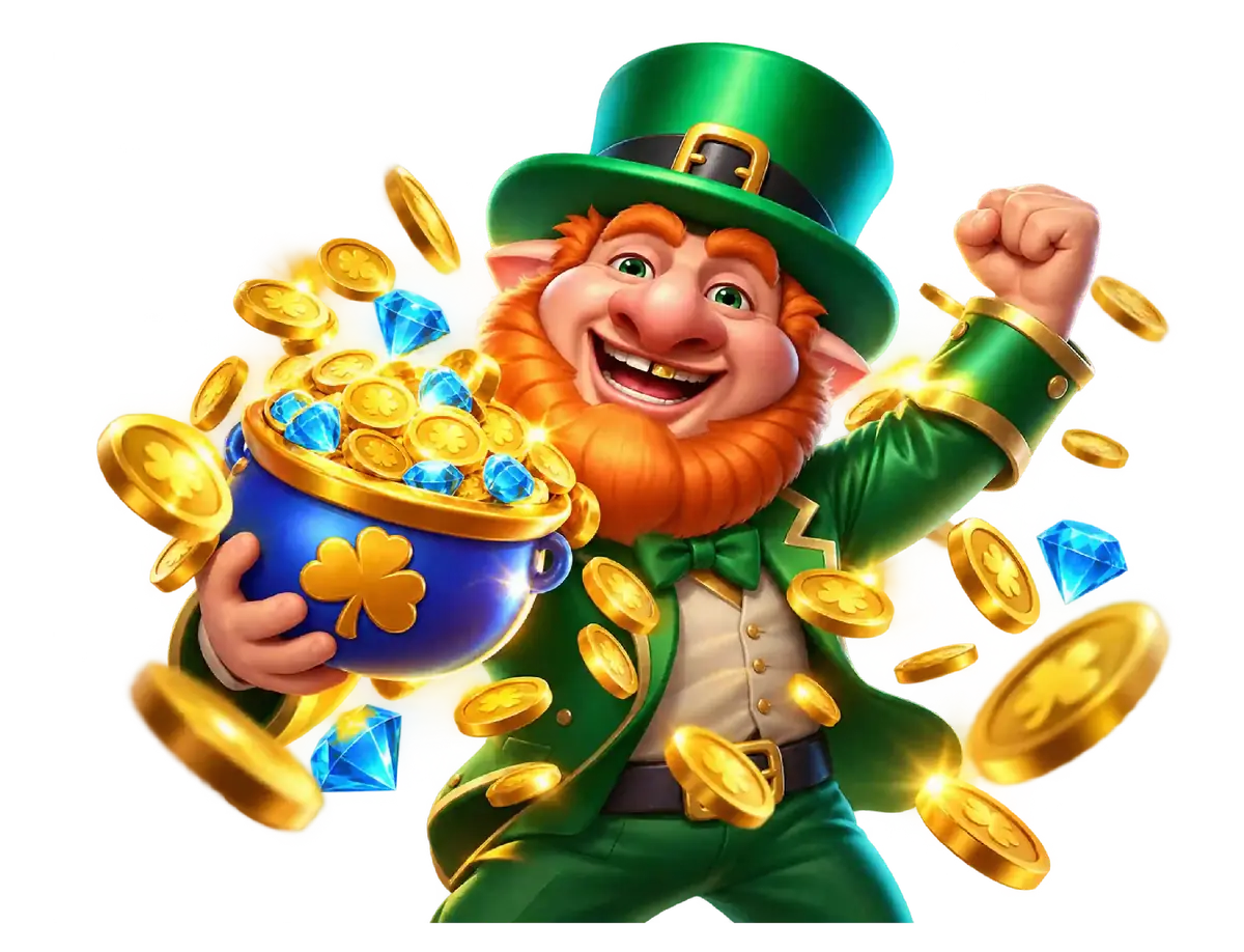 Playtech slot demo artwork of a cheering leprechaun holding a pot of gold coins and blue gems