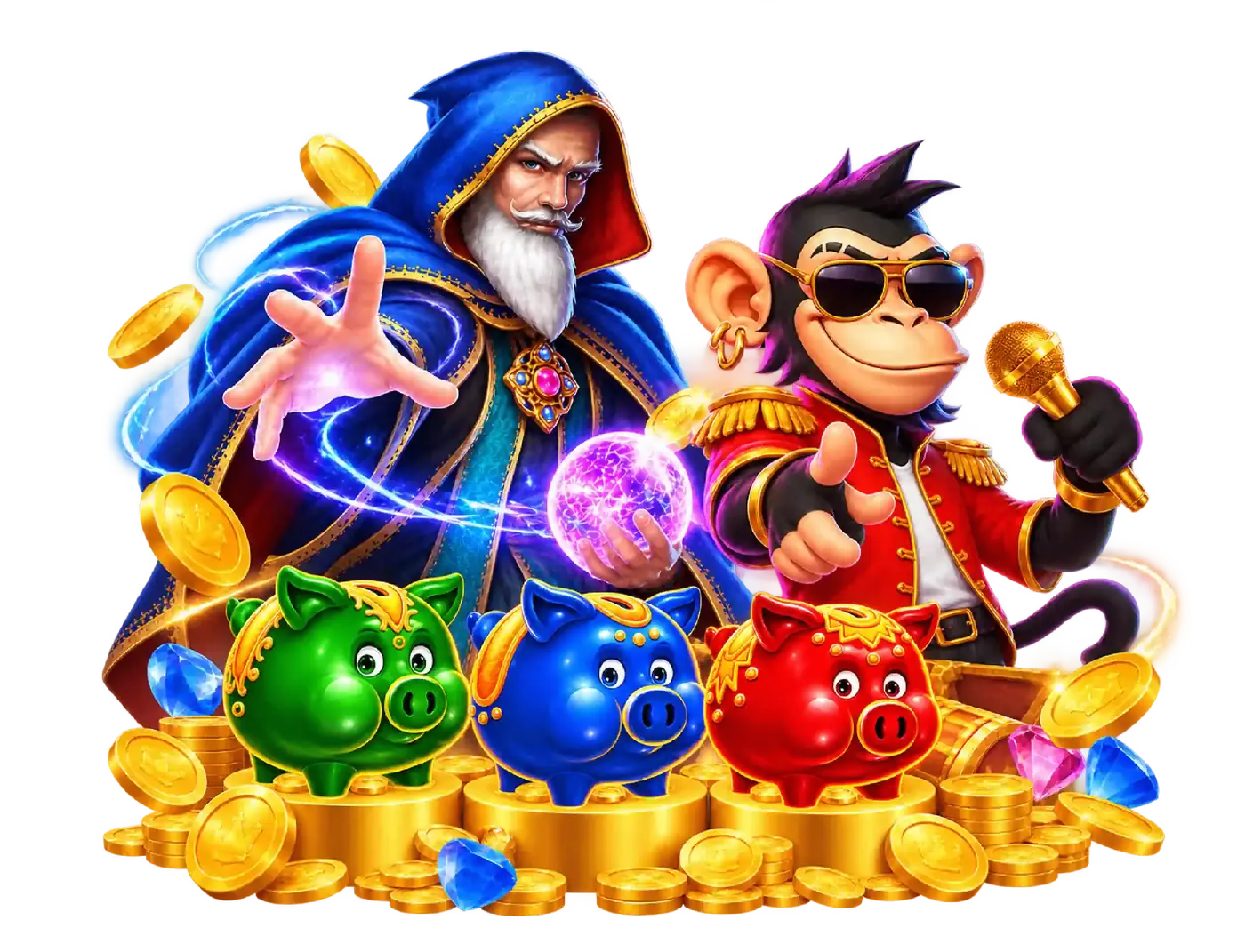 Playtech slot banner artwork with a wizard, a monkey holding a microphone and three piggy banks on piles of gold coins